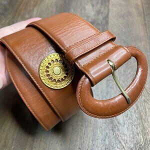 Chance Encounters Brown Genuine Leather Medallion Belt Women's Size Large Boho‎